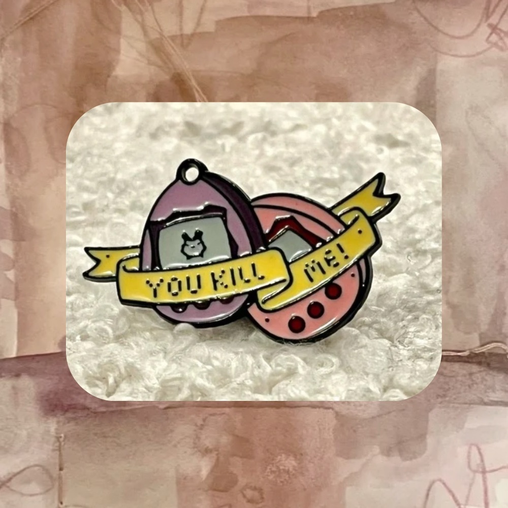 🏷️🆕🎉 pink & purple tamagachi “you kill me” enamel pin brooch
